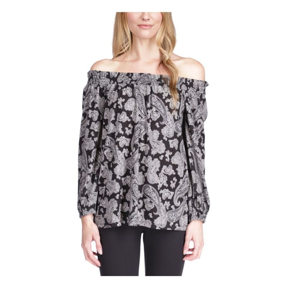MICHAEL MICHAEL KORS Womens Black Smocked Long Sleeve Off Shoulder Top XS